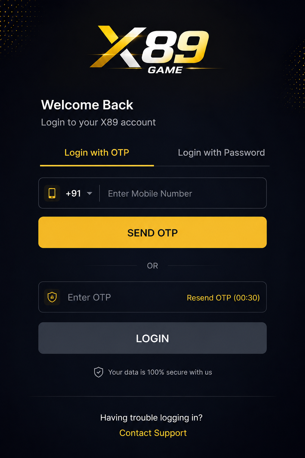 X89 APK login screen with mobile number, OTP verification, and secure account access options