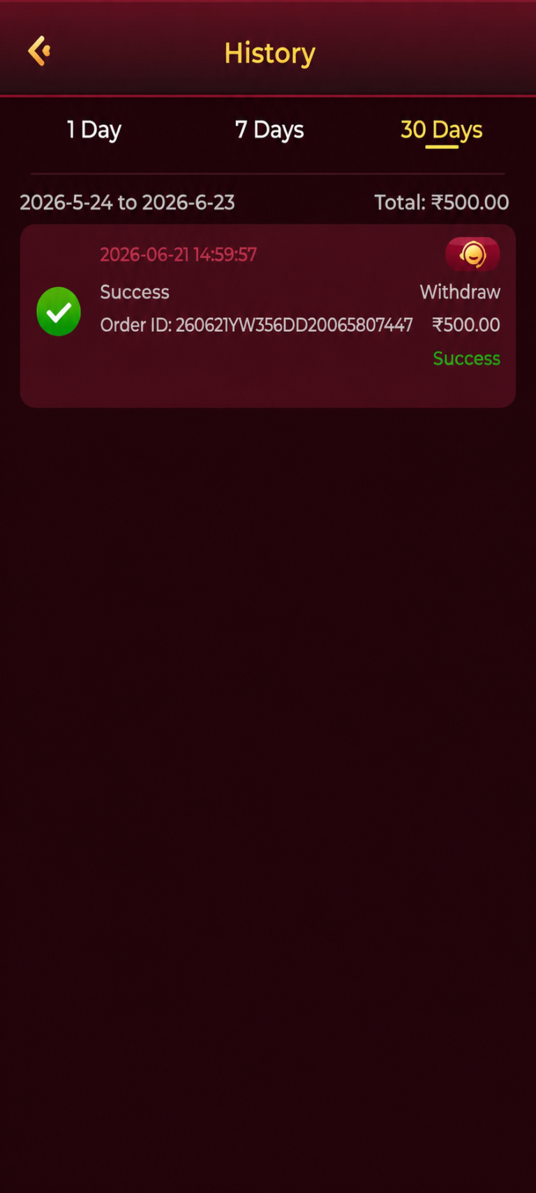 X89 Game APK withdrawal history displaying a successful ₹500 withdrawal transaction.