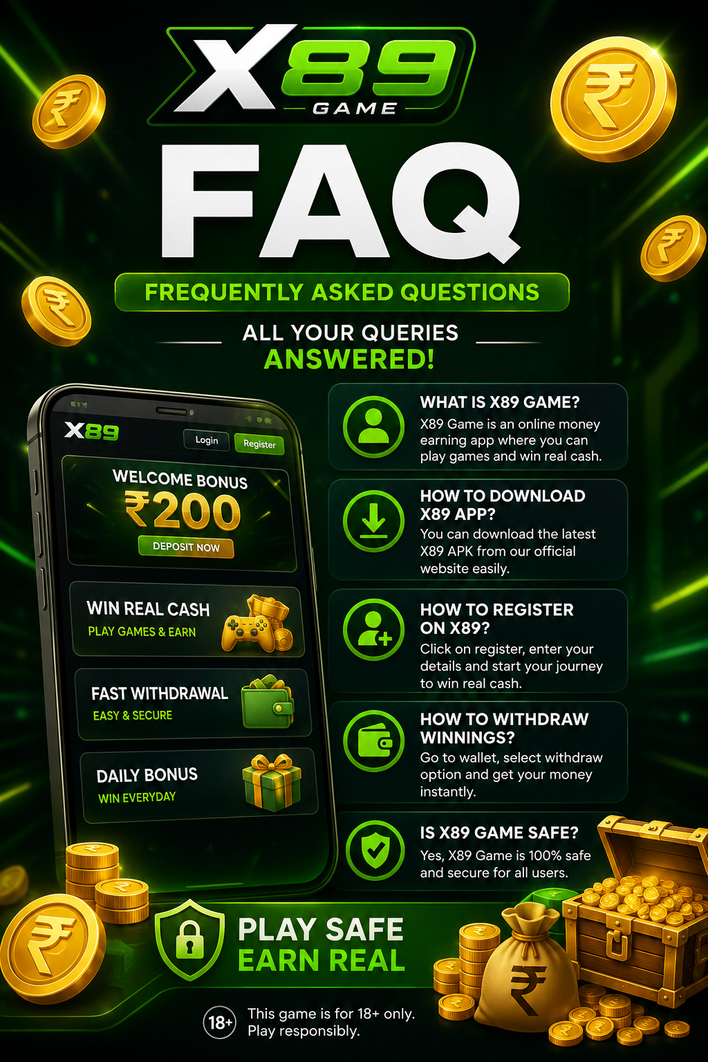 X89 Game FAQ page showing download, registration, deposit, withdrawal, welcome bonus, and account-related questions.