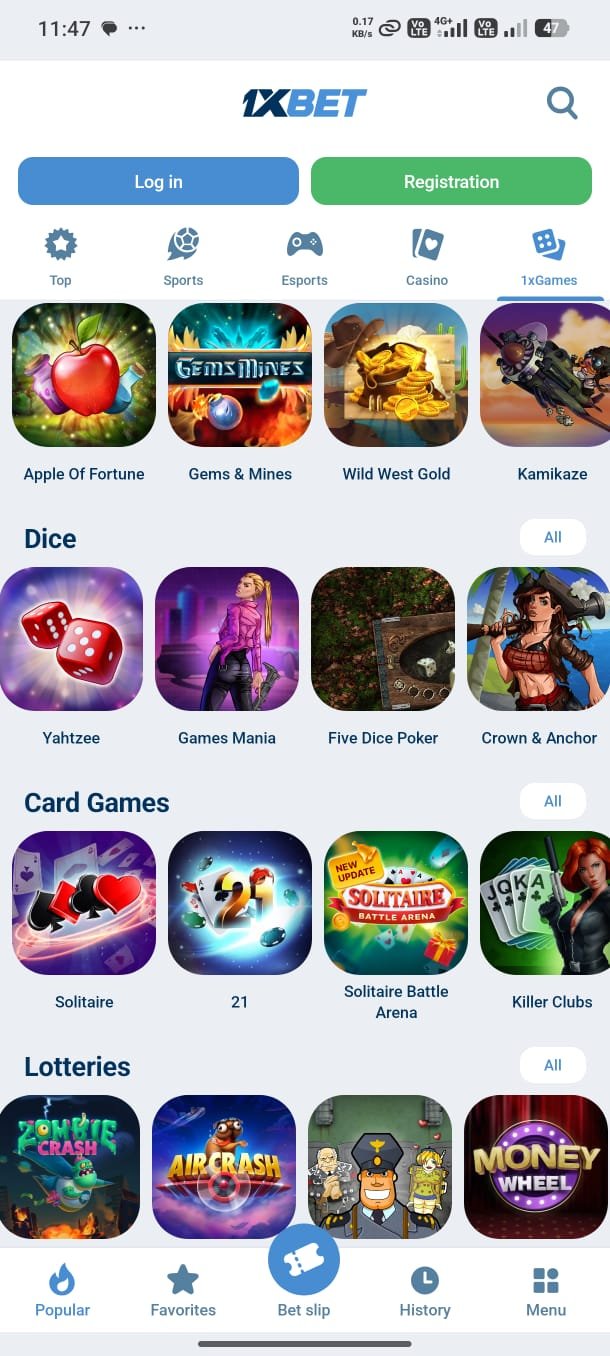 1xBet Game APK casino games interface